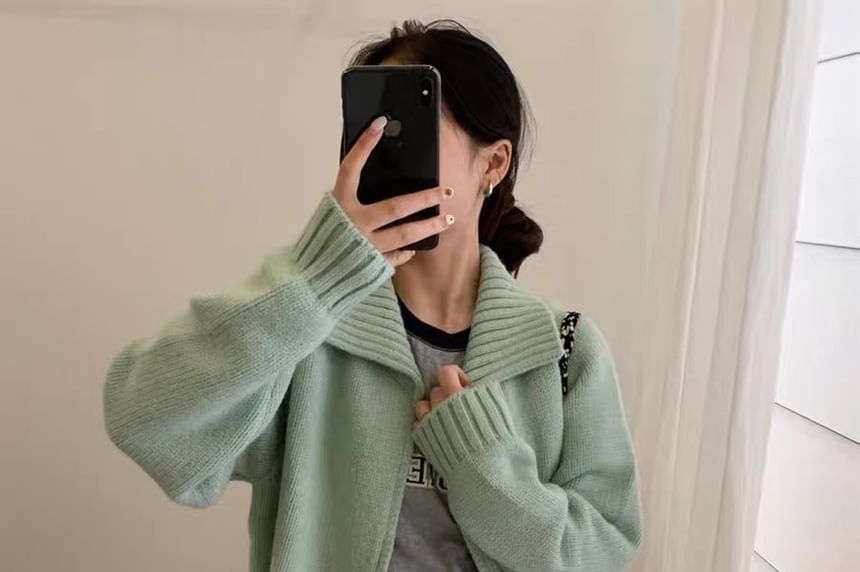 Collared Zip-Up Plain Cardigan