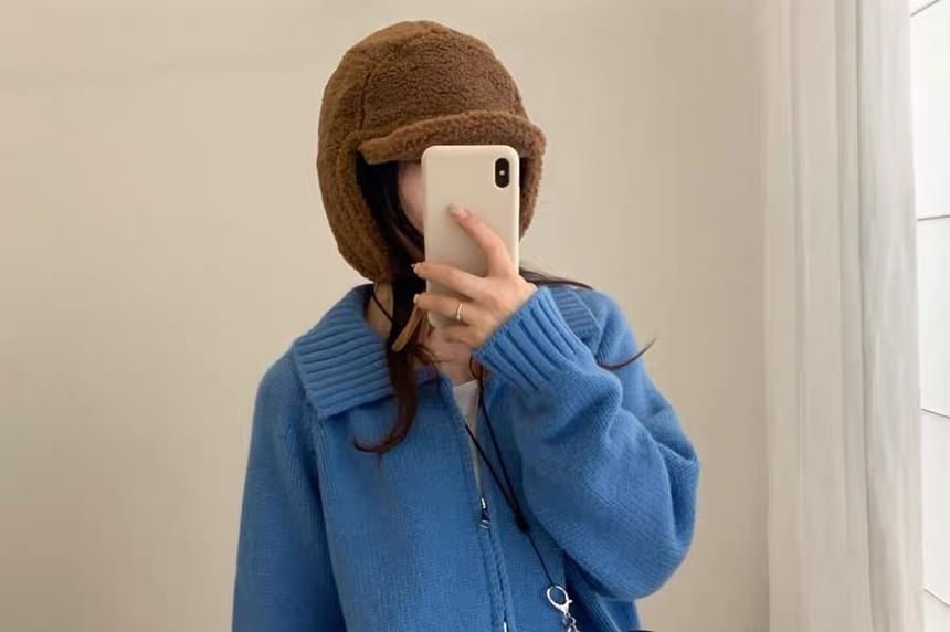 Collared Zip-Up Plain Cardigan