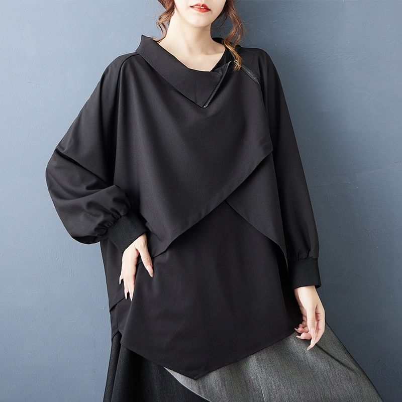 Long-Sleeve Asymmetrical Zip Blouse & High Waist Paneled Midi A-Line Skirt