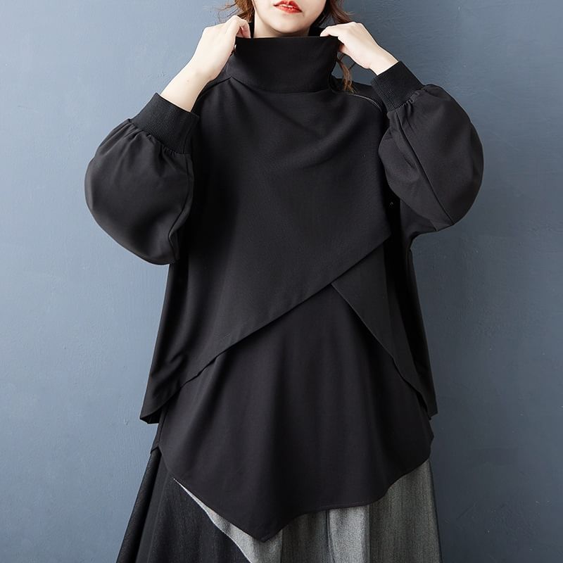 Long-Sleeve Asymmetrical Zip Blouse & High Waist Paneled Midi A-Line Skirt