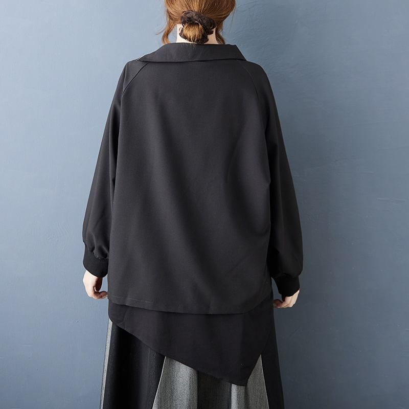 Long-Sleeve Asymmetrical Zip Blouse & High Waist Paneled Midi A-Line Skirt