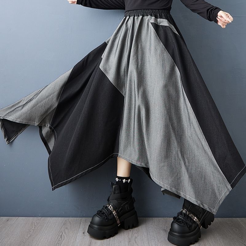 Long-Sleeve Asymmetrical Zip Blouse & High Waist Paneled Midi A-Line Skirt