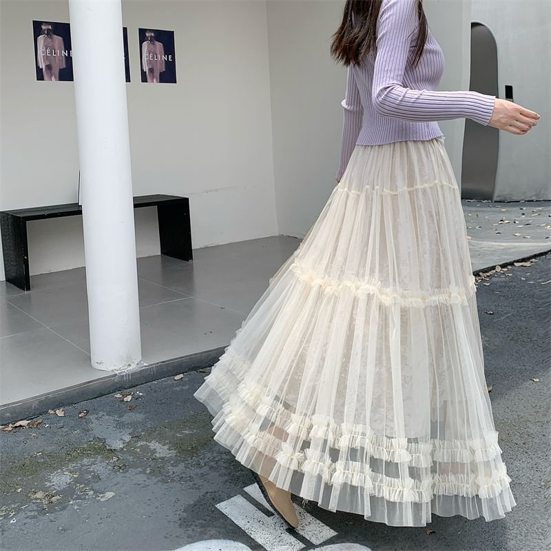 Frill Trim Mesh Maxi A-Line Skirt