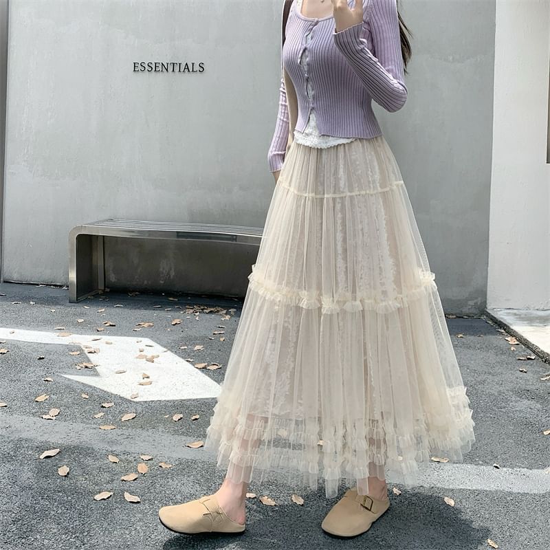 Frill Trim Mesh Maxi A-Line Skirt
