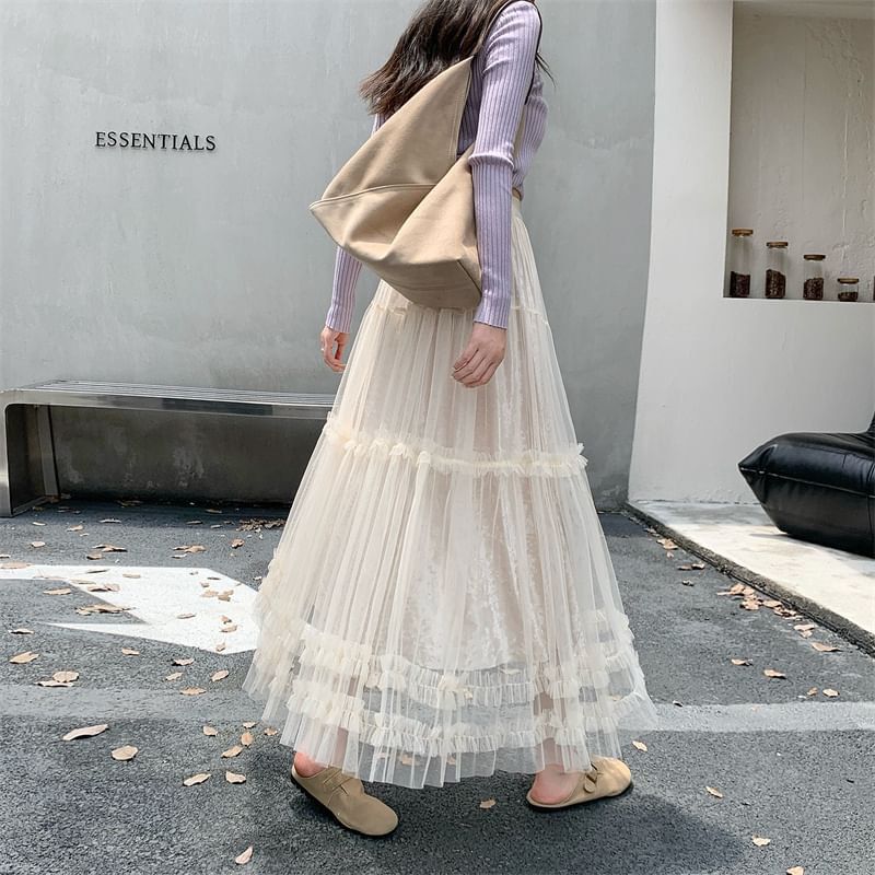 Frill Trim Mesh Maxi A-Line Skirt