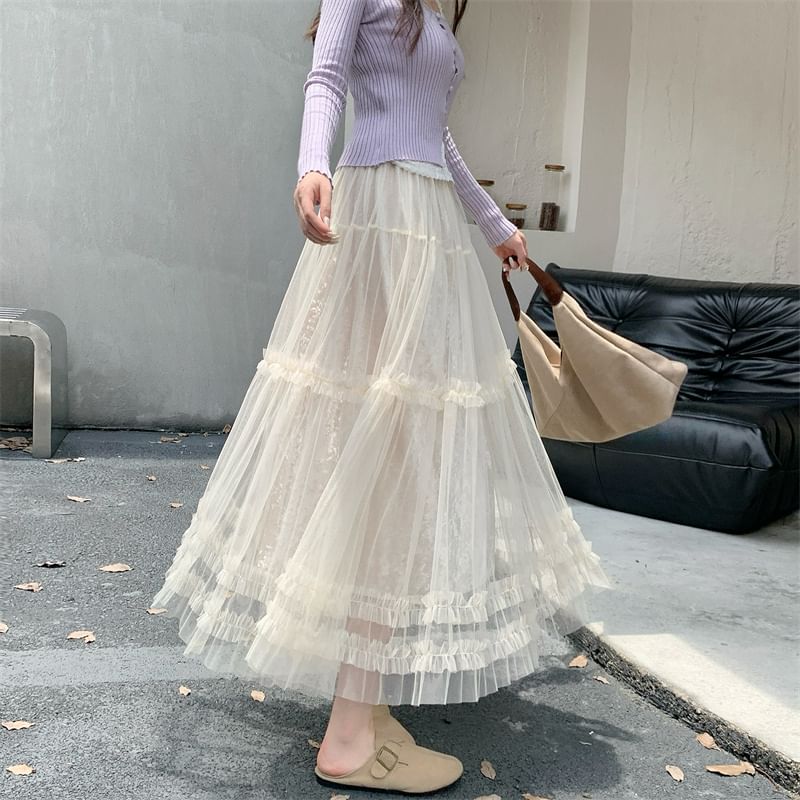Frill Trim Mesh Maxi A-Line Skirt