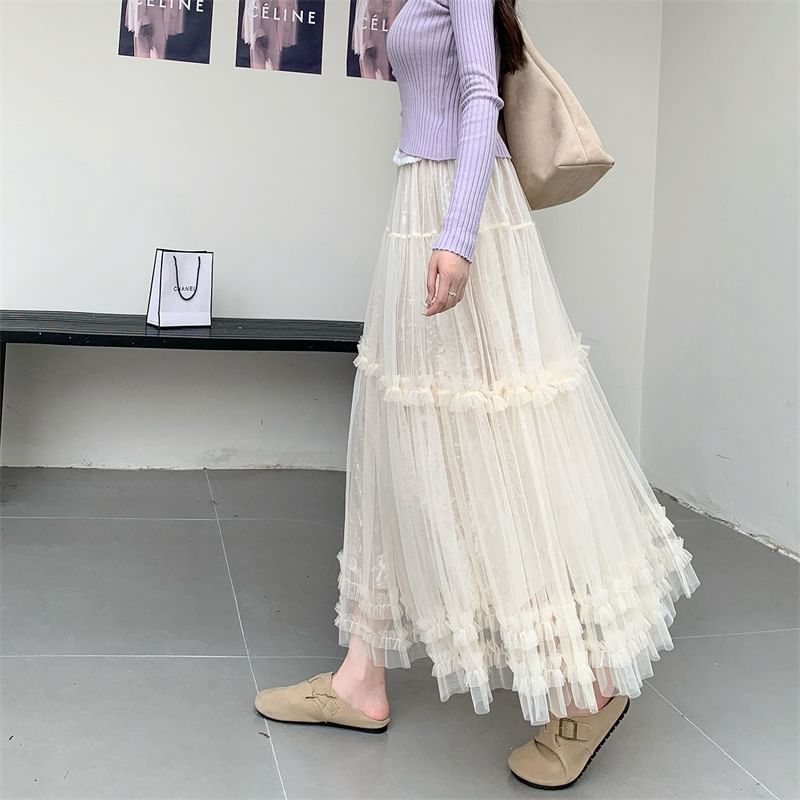 Frill Trim Mesh Maxi A-Line Skirt