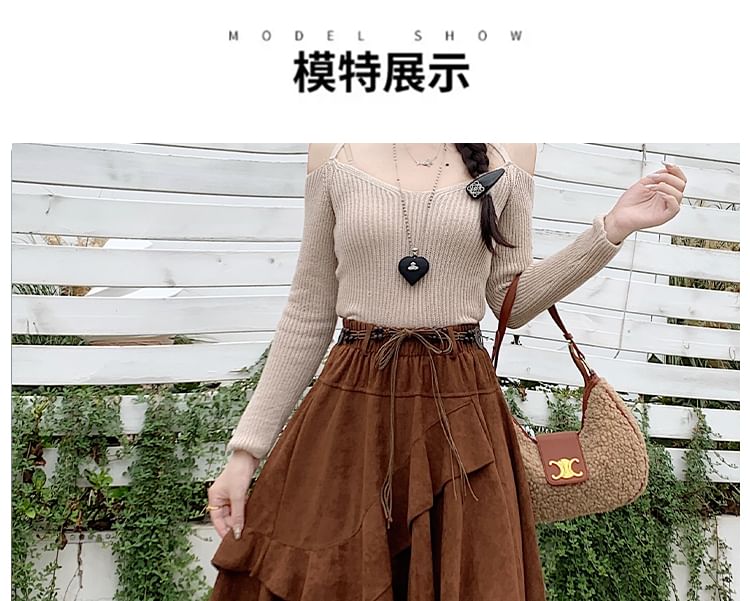 High Rise Asymmetrical Ruffle Trim Faux Suede A-Line Skirt