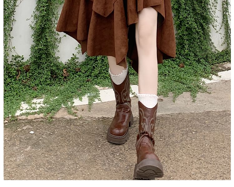 High Rise Asymmetrical Ruffle Trim Faux Suede A-Line Skirt