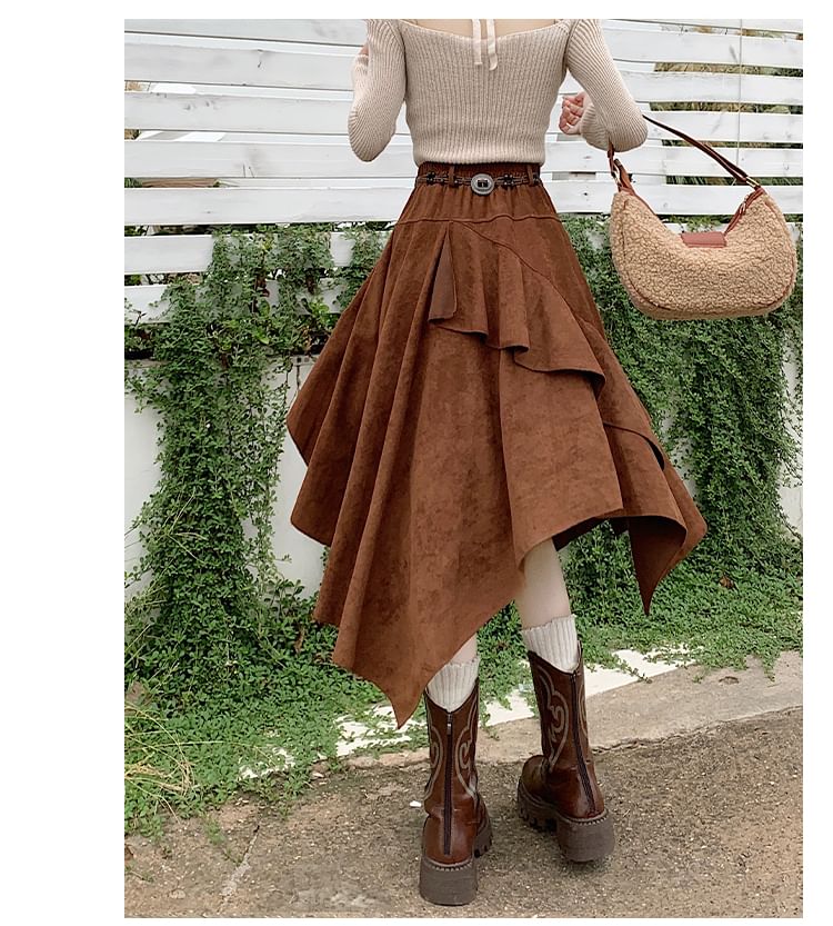 High Rise Asymmetrical Ruffle Trim Faux Suede A-Line Skirt