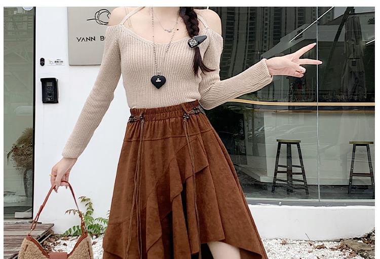High Rise Asymmetrical Ruffle Trim Faux Suede A-Line Skirt