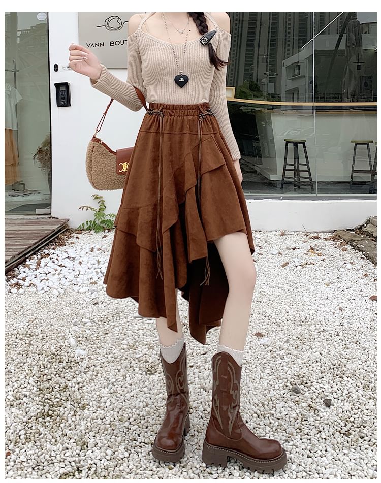 High Rise Asymmetrical Ruffle Trim Faux Suede A-Line Skirt