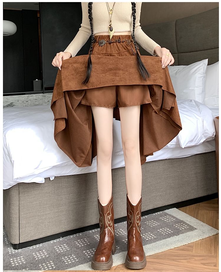 High Rise Asymmetrical Ruffle Trim Faux Suede A-Line Skirt