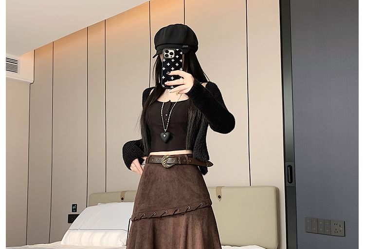 Asymmetrical Faux Suede A-Line Skirt
