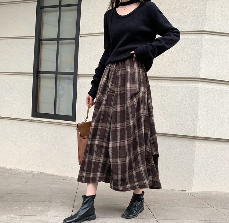 Plaid Asymmetrical Midi A-Line Skirt