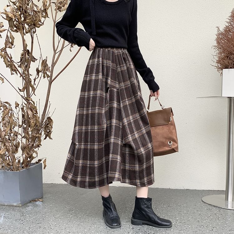 Plaid Asymmetrical Midi A-Line Skirt