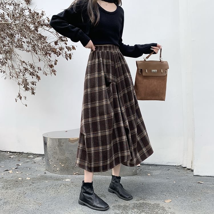 Plaid Asymmetrical Midi A-Line Skirt