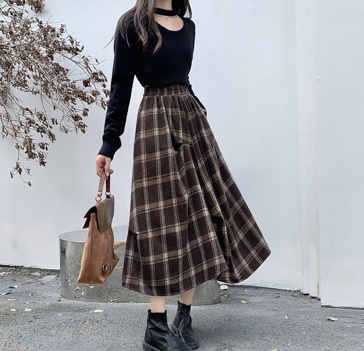 Plaid Asymmetrical Midi A-Line Skirt
