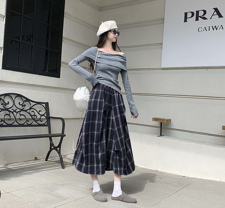 Plaid Asymmetrical Midi A-Line Skirt