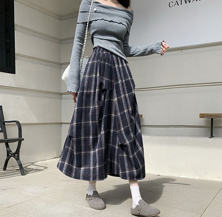 Plaid Asymmetrical Midi A-Line Skirt