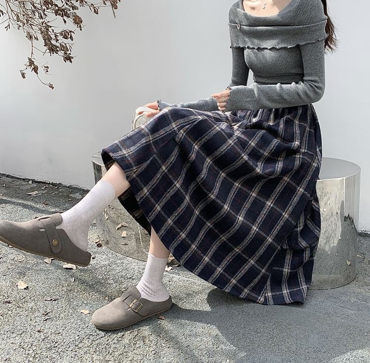 Plaid Asymmetrical Midi A-Line Skirt
