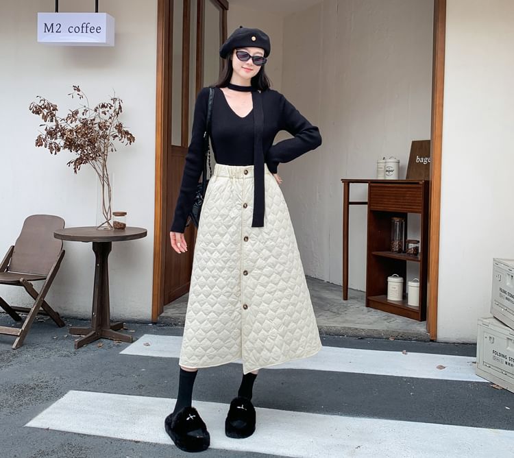 Quilted Button-Up Midi A-Line Skirt