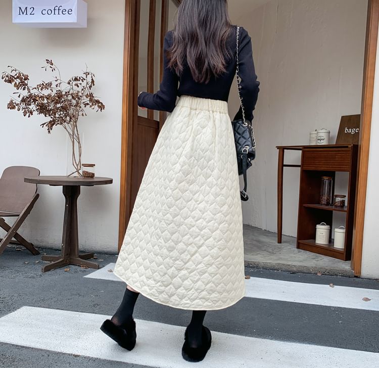 Quilted Button-Up Midi A-Line Skirt