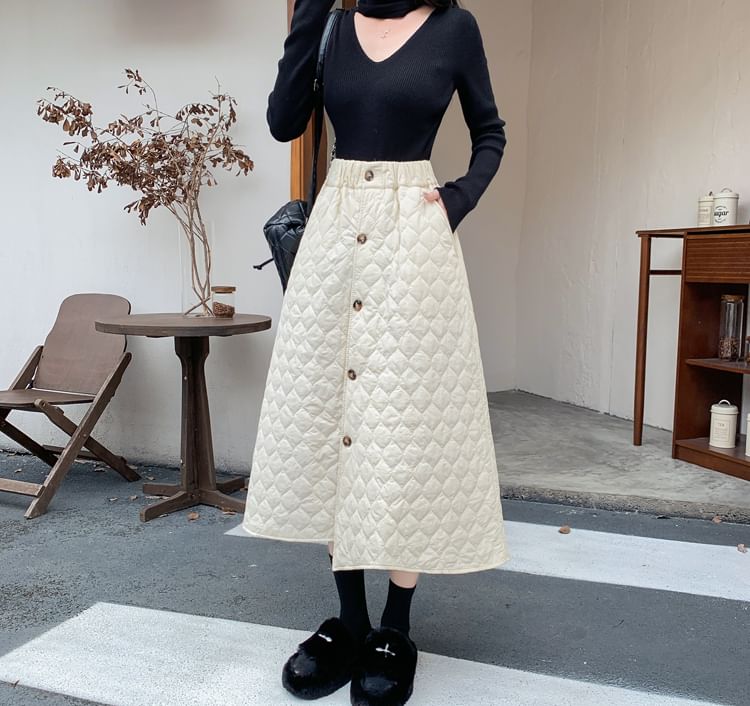 Quilted Button-Up Midi A-Line Skirt