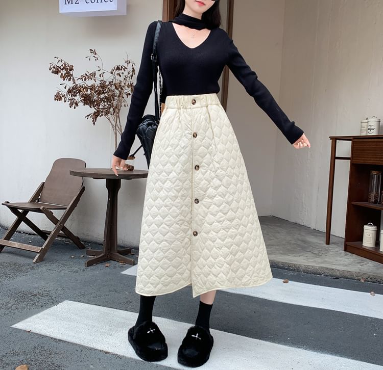 Quilted Button-Up Midi A-Line Skirt