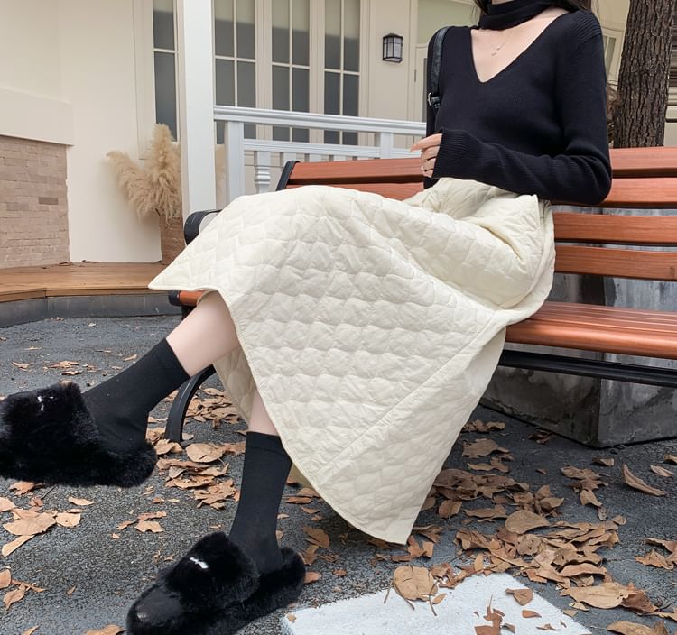 Quilted Button-Up Midi A-Line Skirt