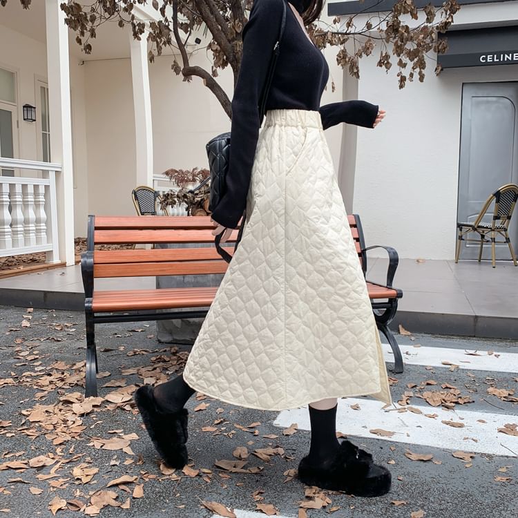 Quilted Button-Up Midi A-Line Skirt