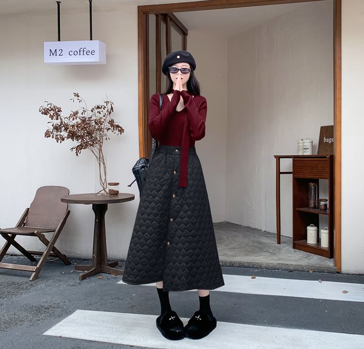 Quilted Button-Up Midi A-Line Skirt