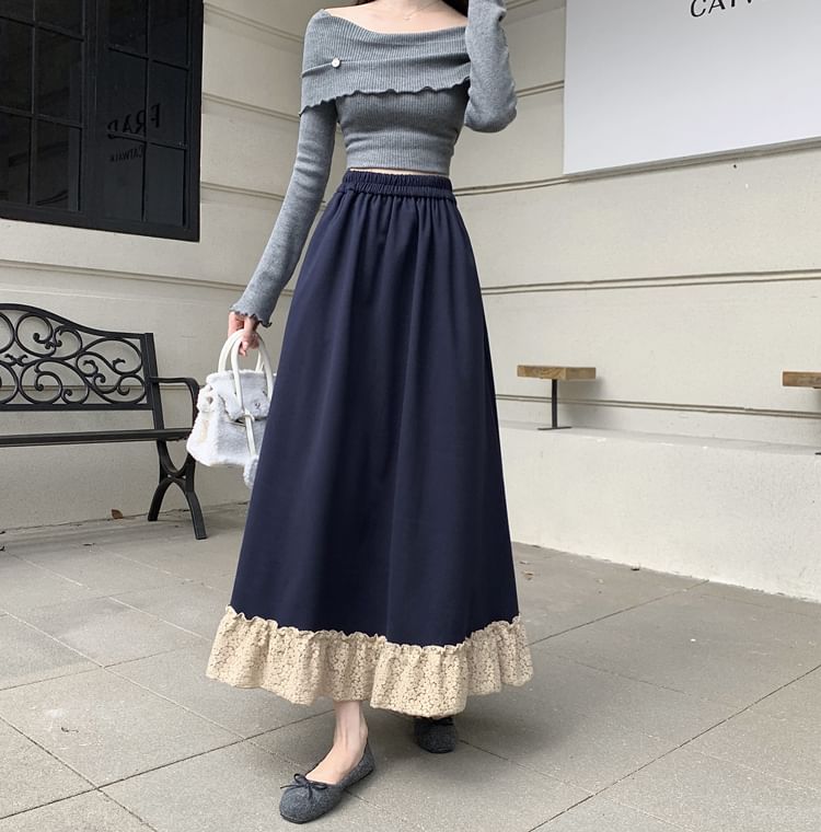 Lace Panel Midi A-Line Skirt