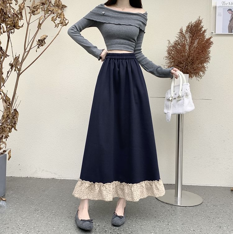 Lace Panel Midi A-Line Skirt