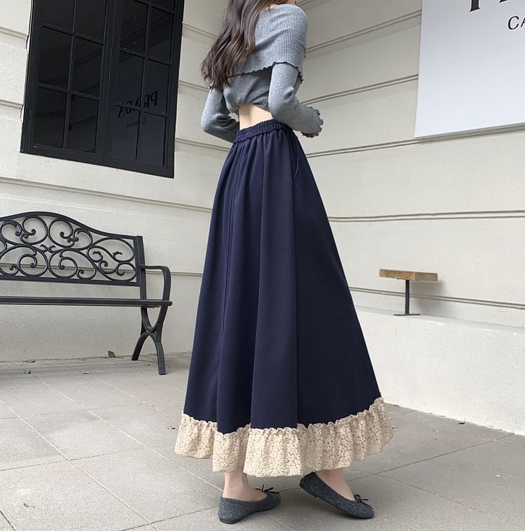 Lace Panel Midi A-Line Skirt