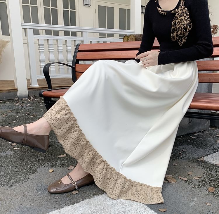 Lace Panel Midi A-Line Skirt