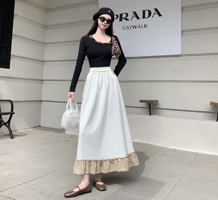 Lace Panel Midi A-Line Skirt