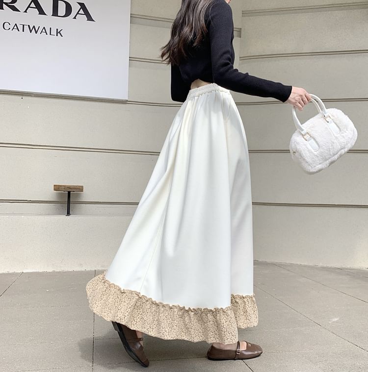 Lace Panel Midi A-Line Skirt