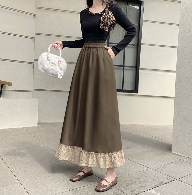Lace Panel Midi A-Line Skirt