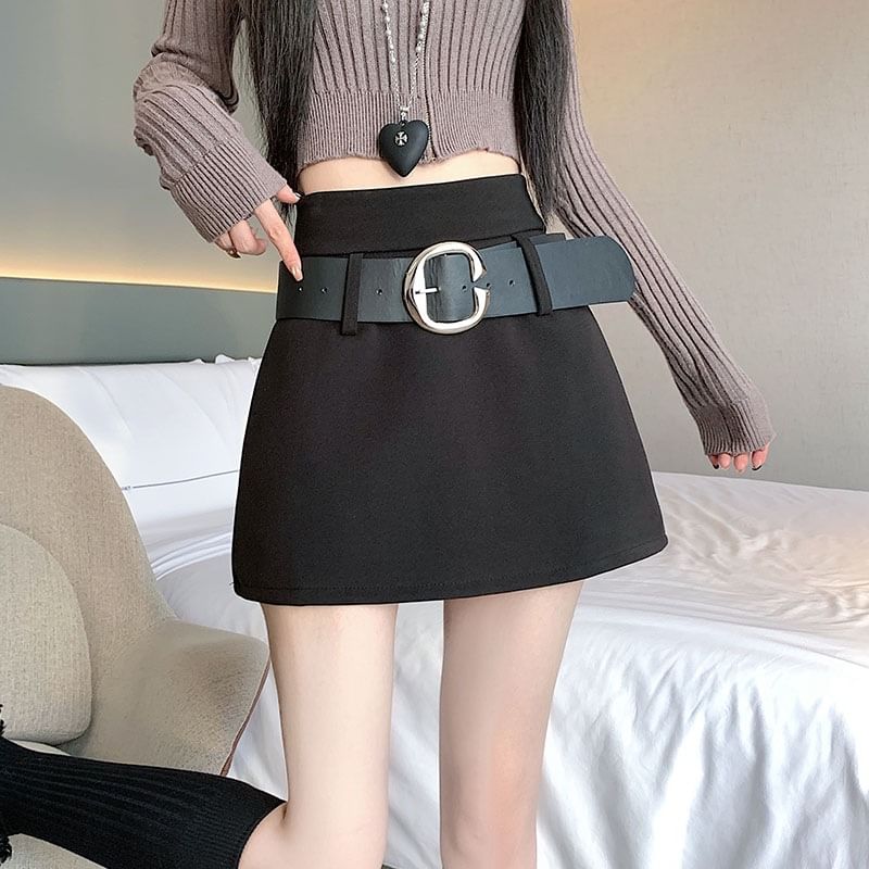 High Waist Thick Belt Detail Mini A-Line Skirt