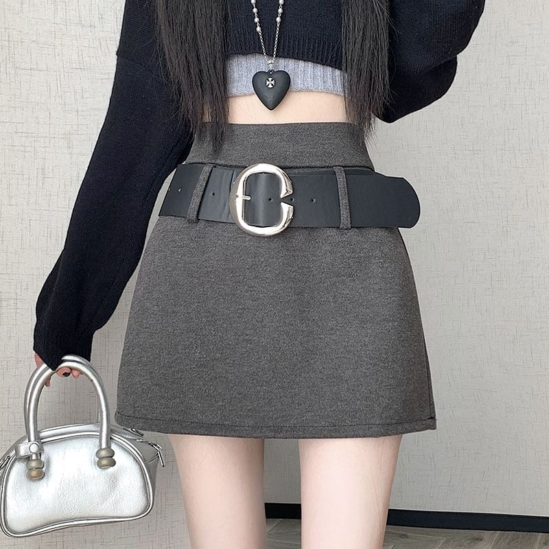 High Waist Thick Belt Detail Mini A-Line Skirt