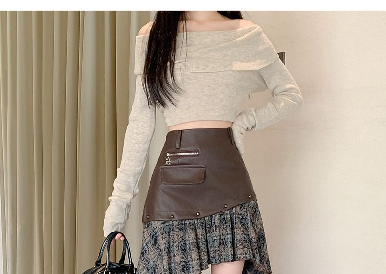 Asymmetrical Plaid Panel Studded Faux Leather Mini Skirt