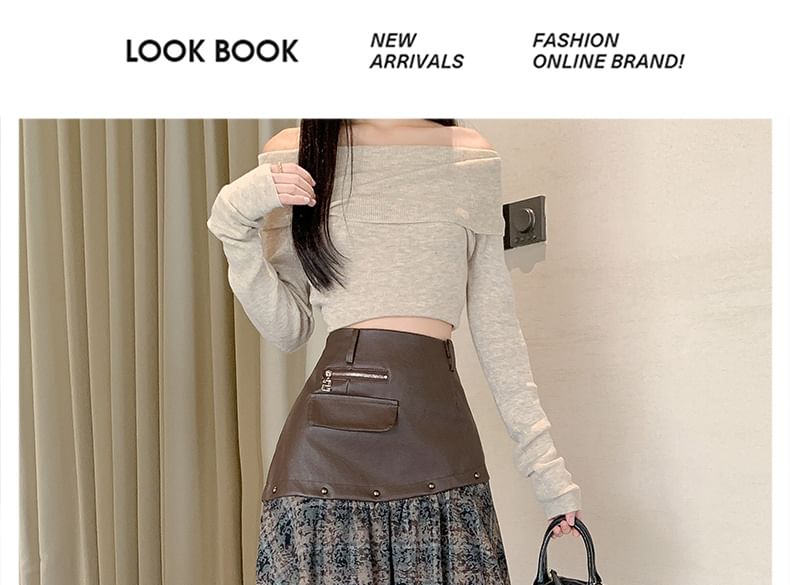 Asymmetrical Plaid Panel Studded Faux Leather Mini Skirt