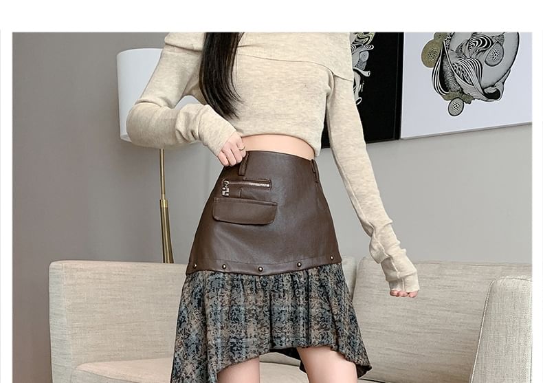 Asymmetrical Plaid Panel Studded Faux Leather Mini Skirt
