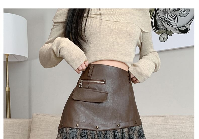 Asymmetrical Plaid Panel Studded Faux Leather Mini Skirt