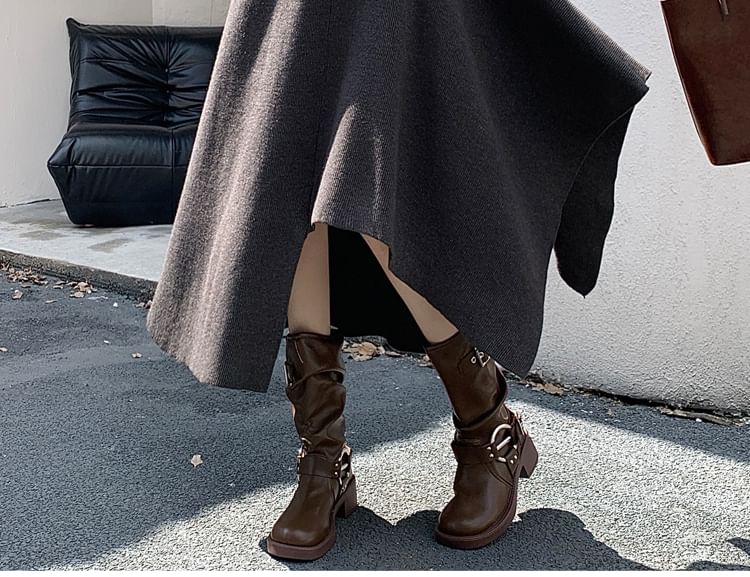 High Waist Asymmetrical Knit Midi A-Line Skirt