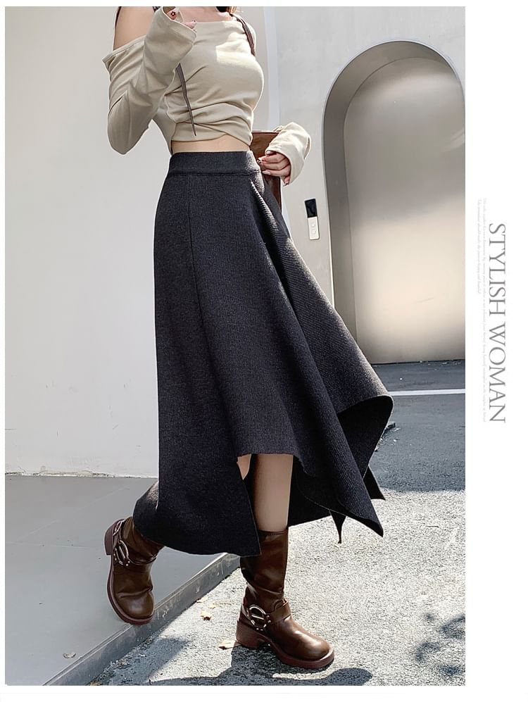 High Waist Asymmetrical Knit Midi A-Line Skirt