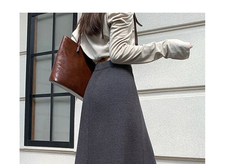 High Waist Asymmetrical Knit Midi A-Line Skirt