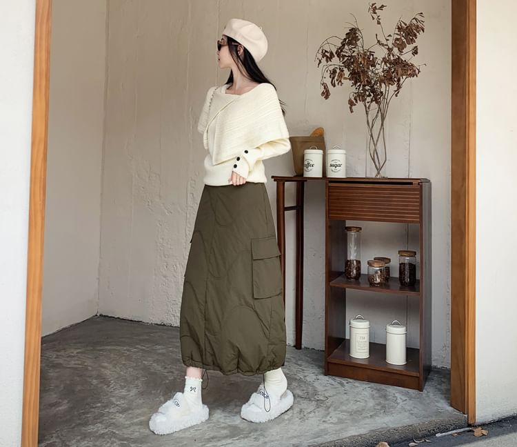 Quilted Midi A-Line Cargo Skirt