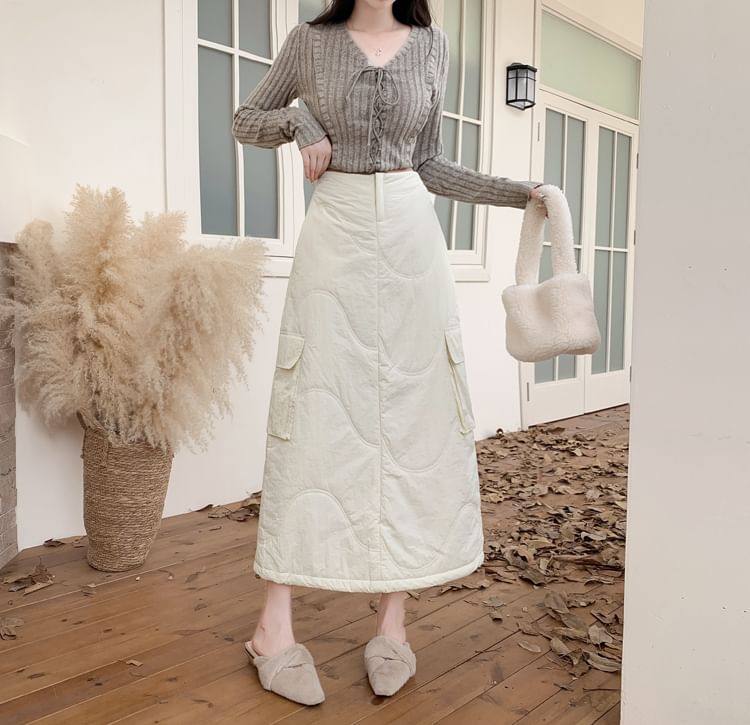 Quilted Midi A-Line Cargo Skirt